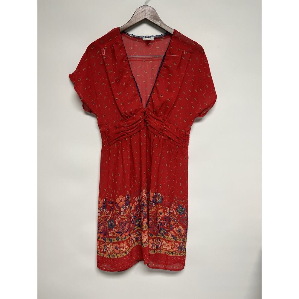 Y2K Kimchi & Blue Medium Babydoll Dress Womens Red Floral Sheer Boho Cottage
